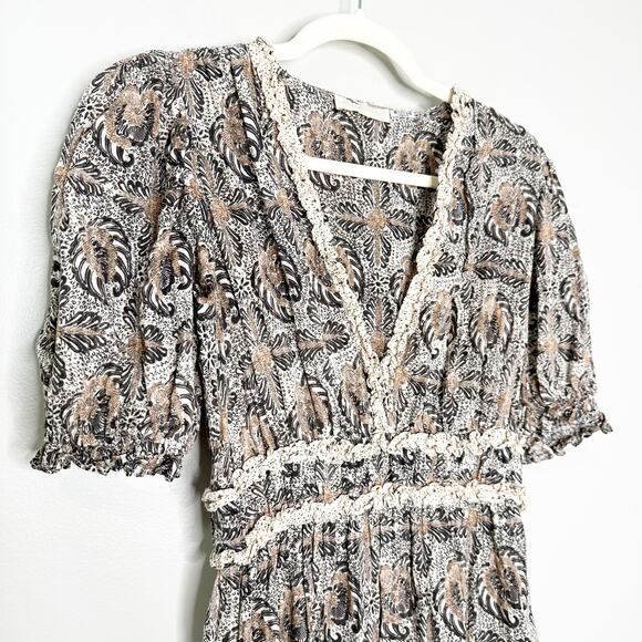 Ulla Johnson Elli Dress Yarrow Puff Sleeve Midi Length V Neck Leaf Print Dress 6 - Picture 5 of 10